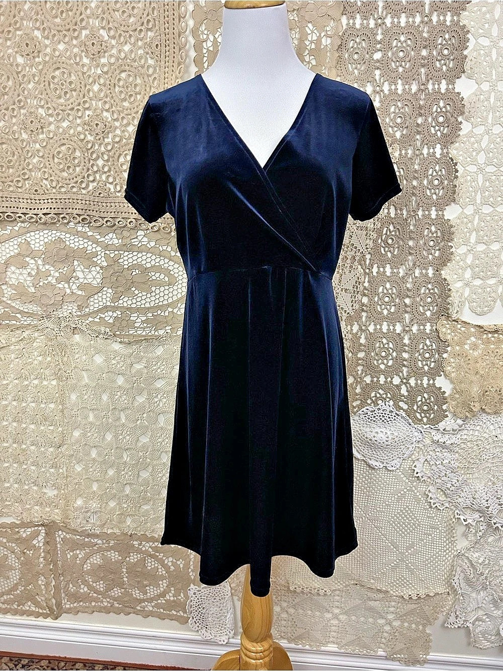 Vintage 90s Navy Blue Velvet Mini Wrap Dress Size Large